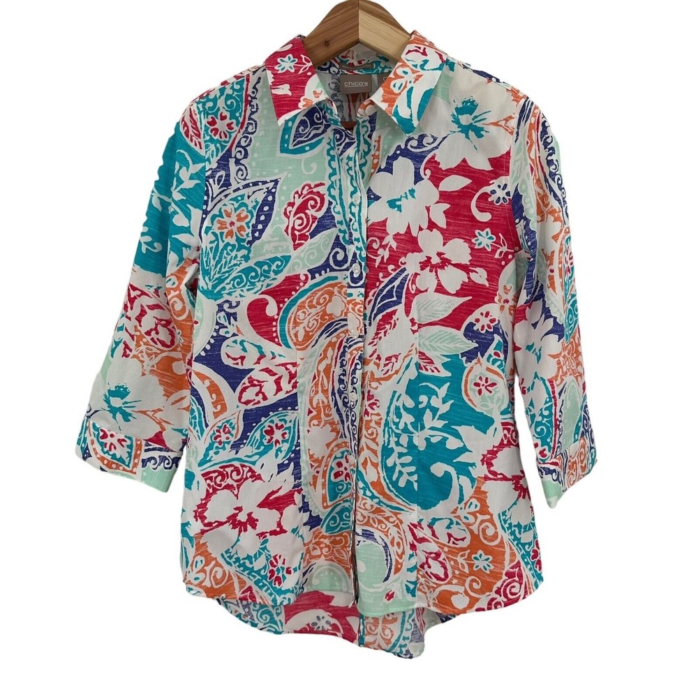 Chico's Shirt 0 Small No Iron Button Down 3/4 Sleeve Blue Multi Floral Cotton